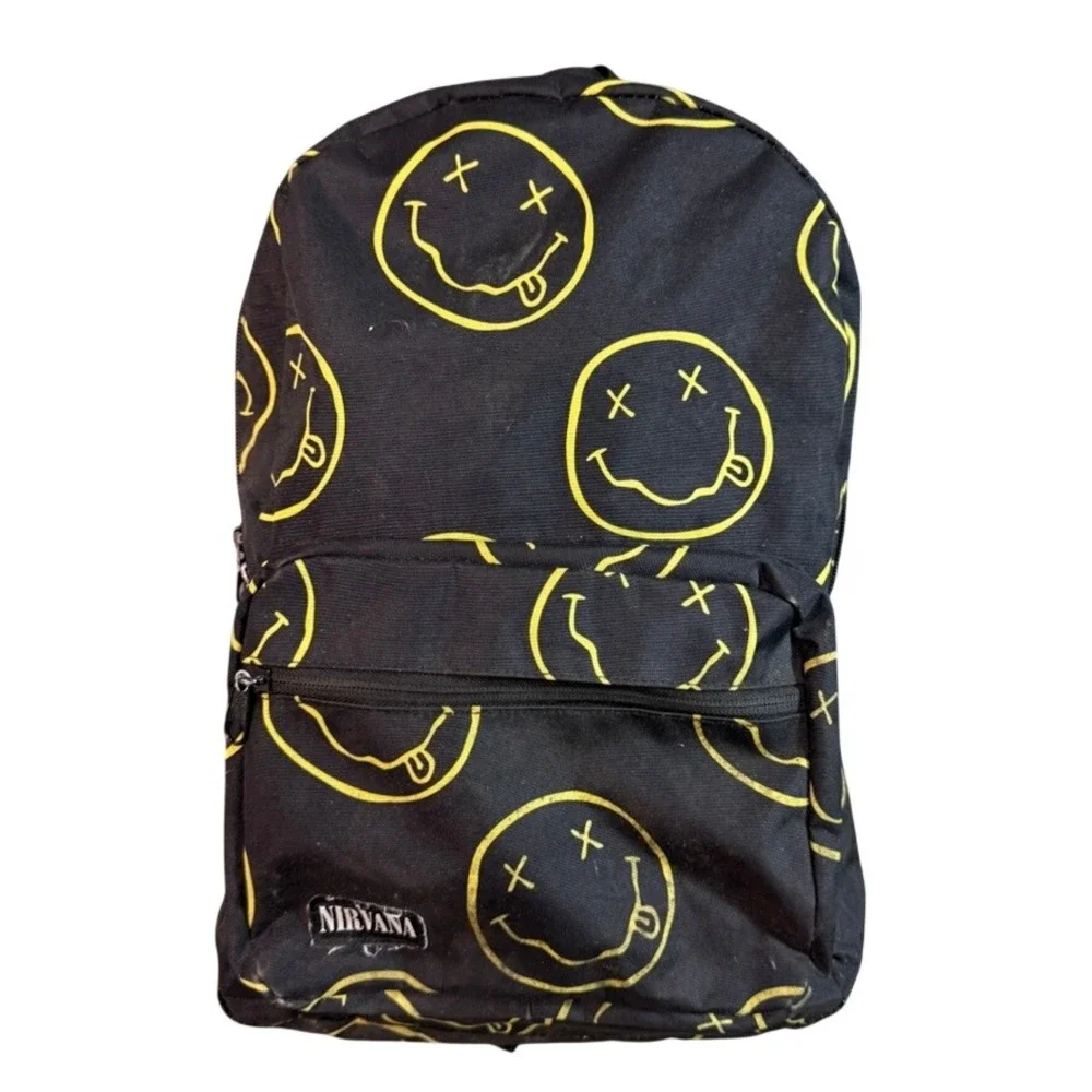 Nirvana Smiley Face Logo Backpack Black Yellow Canvas Music Band School Bag